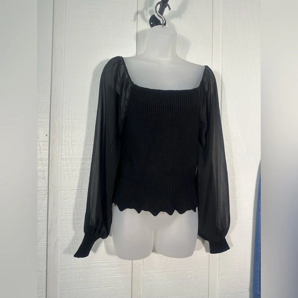 Sam Edelman Black Ribbed Shear Sleeve Sweater Size XL EUC